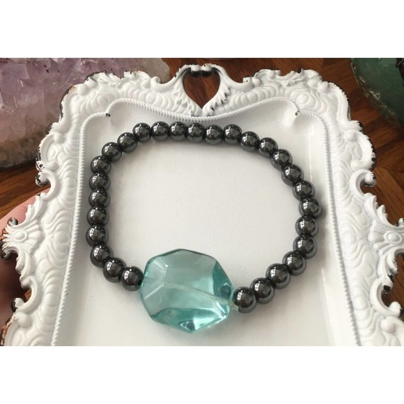 New Rustic Natural Hematite Beaded Cuff Bracelet w/ Blue-Green Crystal Focal - Picture 3 of 5